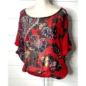 Chico’s Silk Top Blouse Size S M Short Sleeve Sheer Beads Banded Elastic Bottom